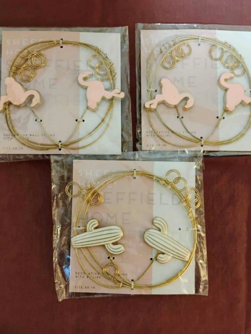 NWT Sheffield Home Gold Wall Wire with Pink Flamingo & White Cactus Accents